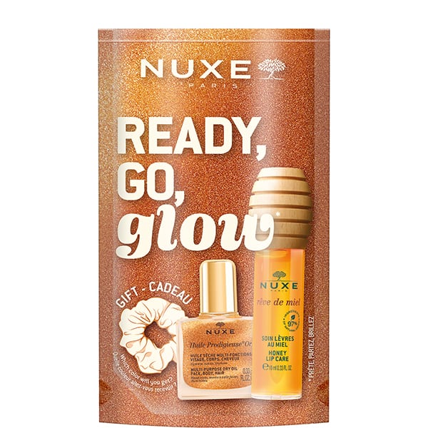 Nuxe Ready, Go, Glow Honey Set Lip Treatment 10ml/Dry Oil 10ml/Scrunchie   set x 20 ml
