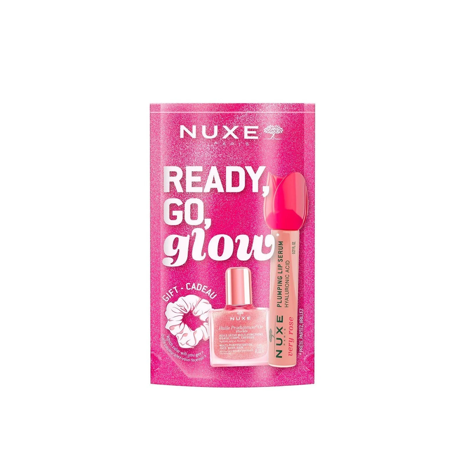 Nuxe Ready, Go, Glow Pink Set Lip Volume Serum 8ml/Dry Oil 10ml/Scrunchie   set x 18 ml
