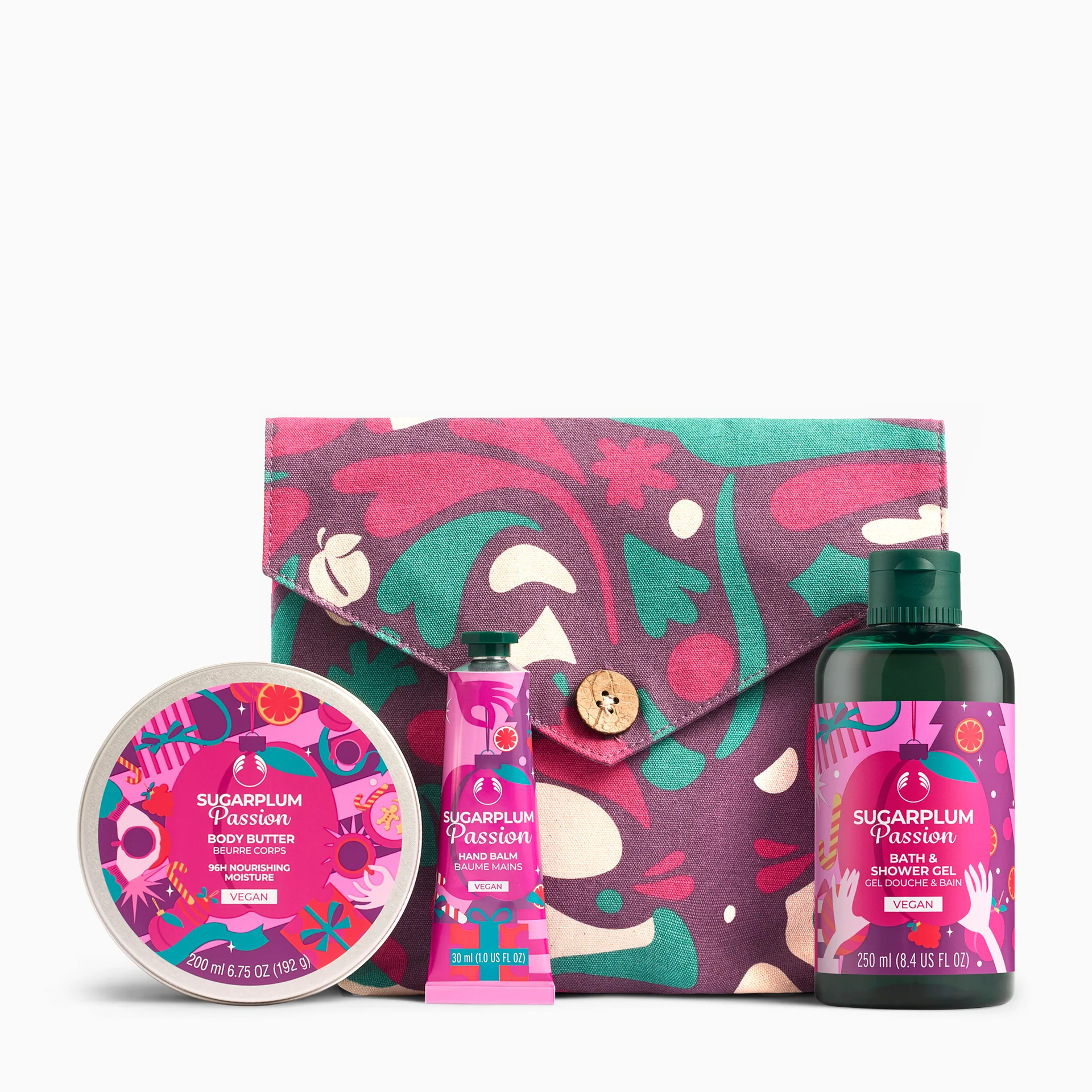 THE BODY SHOP ESSENTIALS SUGARPLUM PASSION CASE 4 pcs Body butter 200ml + hand balm 30ml + shower gel 250ml + toiletry bag