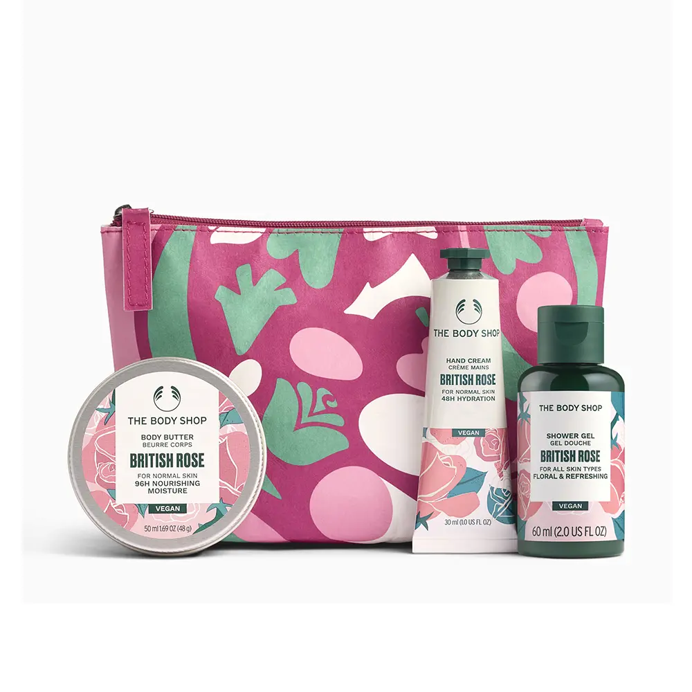 THE BODY SHOP MINI BRITISH ROSE SET OF 4 pcs Body butter 50ml + hand balm 30ml + shower gel 60ml + toiletry bag