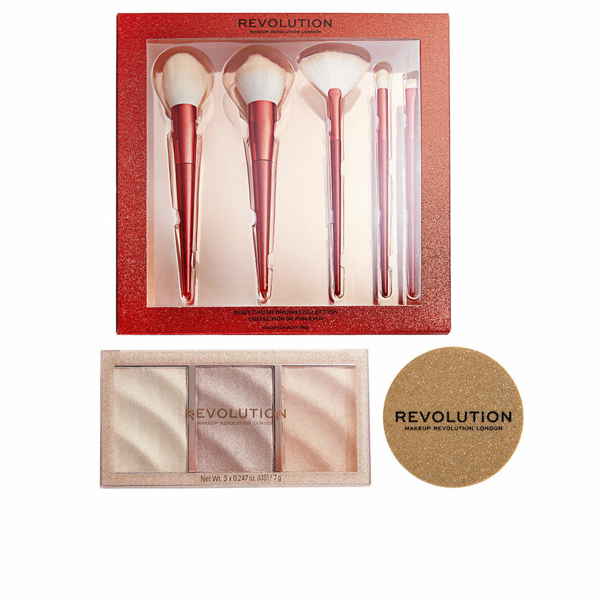 REVOLUTION MAKE UP HIGHLIGHTERS & BRUSHES LOT 3 pcs 5 brushes + highlighter 7 gr + highlighter 5 gr