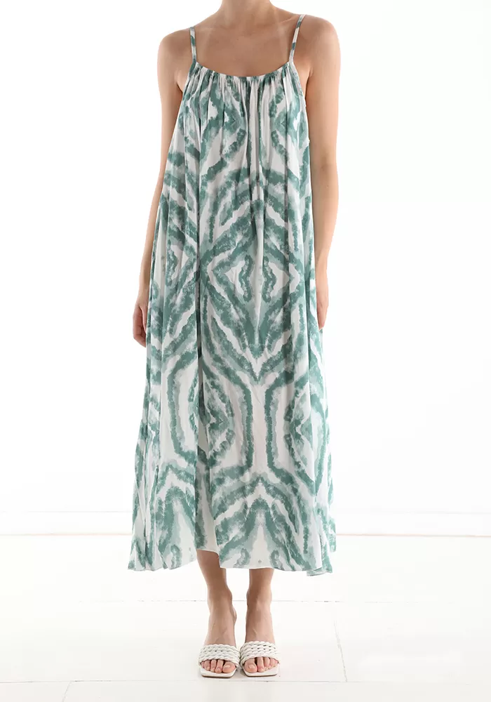 Φόρεμα λευκό με πράσινα σχέδια μακρύ – one size –